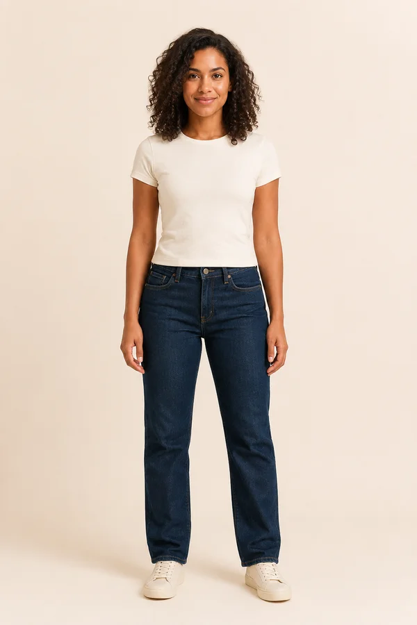 Modelo com camiseta clara, jeans e tênis, o look de partida da demonstração