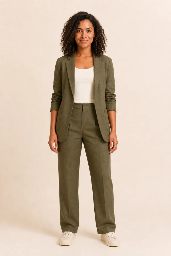 A mesma modelo com blazer e calça verde oliva