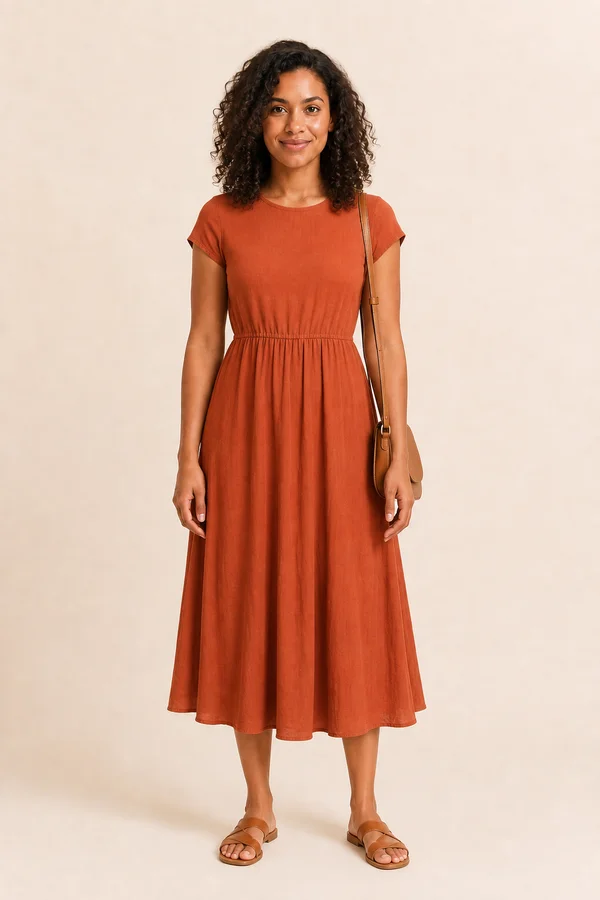 A mesma modelo com vestido terracota e sandálias