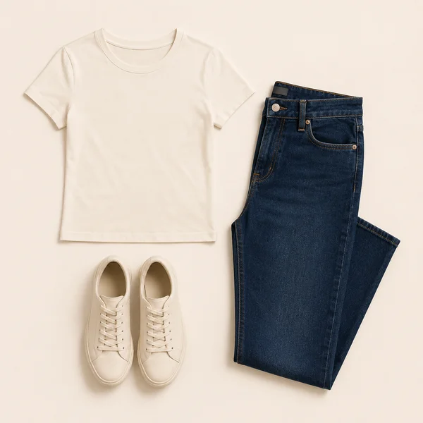 Camiseta clara, jeans e tênis que pertencem ao closet da cliente