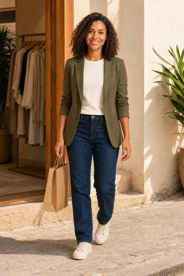 Cena ilustrativa da mesma cliente sorrindo, vestindo blazer oliva, camiseta clara, jeans e tênis
