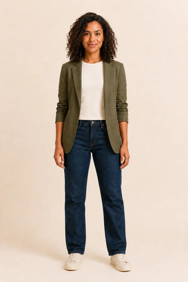 Prévia ilustrativa da cliente usando blazer oliva da loja com sua camiseta, jeans e tênis
